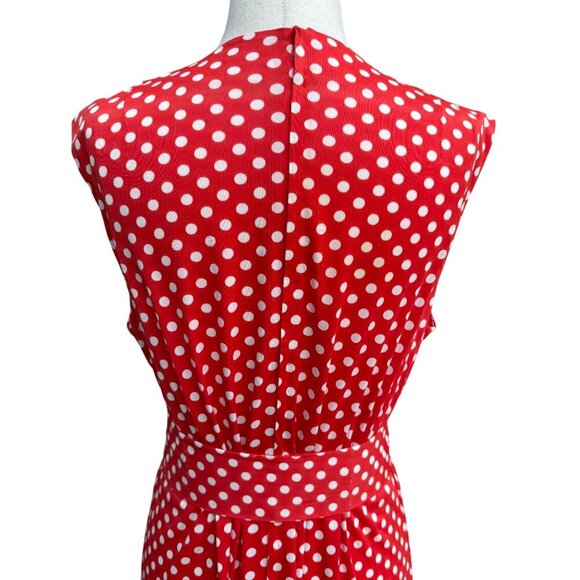 Vintage Womens Red & White Polka Dot V Neck Tie Waist Sleeveless Midi Dress - Picture 3 of 11